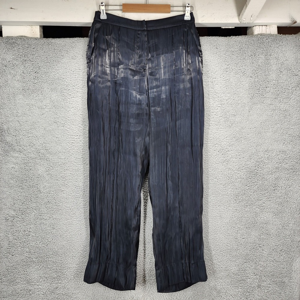 H&M‎ Women Charcoal Grey Crinkled Pleated Wide Leg High Waisted Trousers Pants